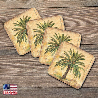 Palm Tree Coastal Wooden Cork Coasters Gift Set of 4 by Nature Wonders - Coastal Sea-Life Decor - 8198630C-S4