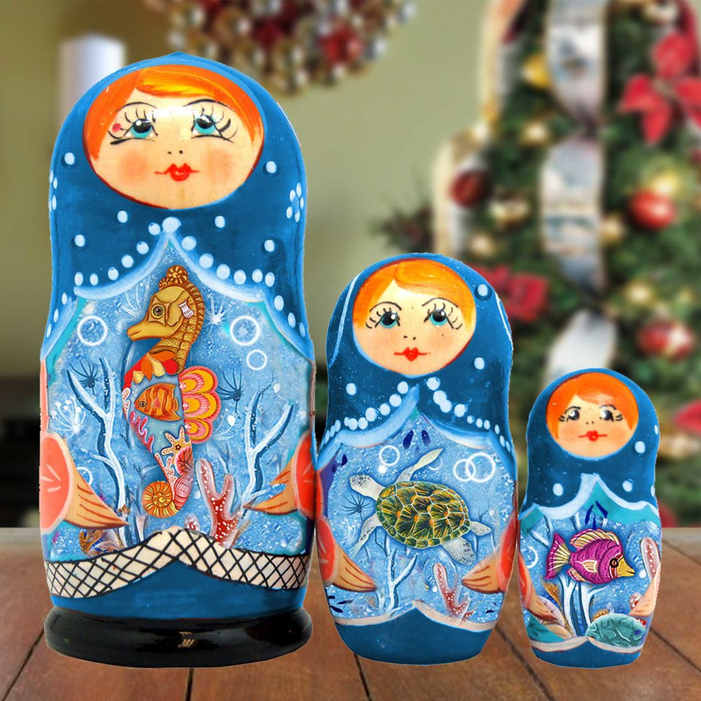 Little Fish Matreshka Nesting Hand-Painted Doll Set of 3 by G. DeBrekht - Coastal Holiday Decor - 14721