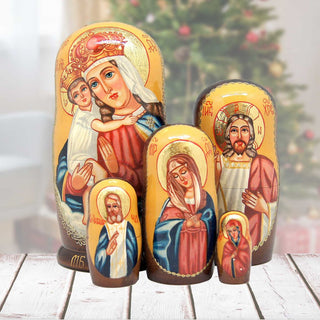 Icon Golden Matreshka Stacking Hand-Painted Dolls Set of 5 by G. DeBrekht - Nativity Holiday Decor - 130122