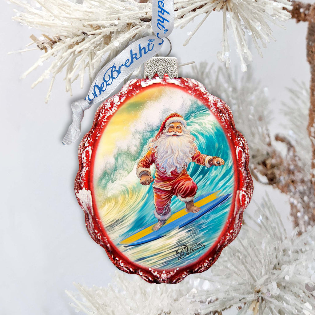 Coastal Christmas Ornaments Santa on the Surfboard Keepsake Glass Ornaments by G. Debrekht - Coastal Holiday Decor - 777392