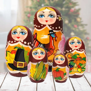 Thanksgiving Matreshka Nesting Hand-Painted Dolls Set of 5 by G. DeBrekht - Thanksgiving Halloween Decor - 130261
