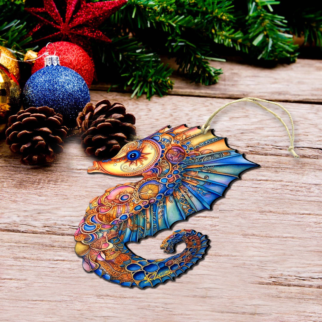 Nautical Christmas Ornaments - Mosaic Seahorse Wooden Ornaments by G.Debrekht Coastal Holiday Decor - 8688191