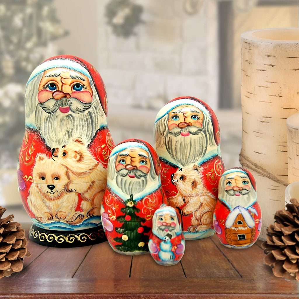 Santa Polar Bear Friend Matreshka Nesting Hand-Painted Doll Set of 5 by G. DeBrekht - Wildlife Holiday Decor - 110051