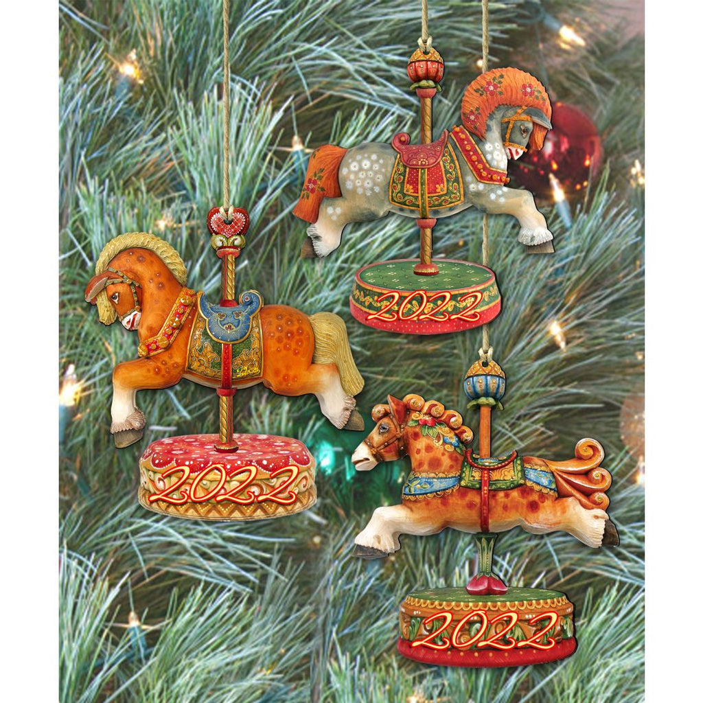 2024 Dated Wooden Carousel Ornaments Set of 3 by G. Debrekht - Christmas Decor - 8100087S3-D24
