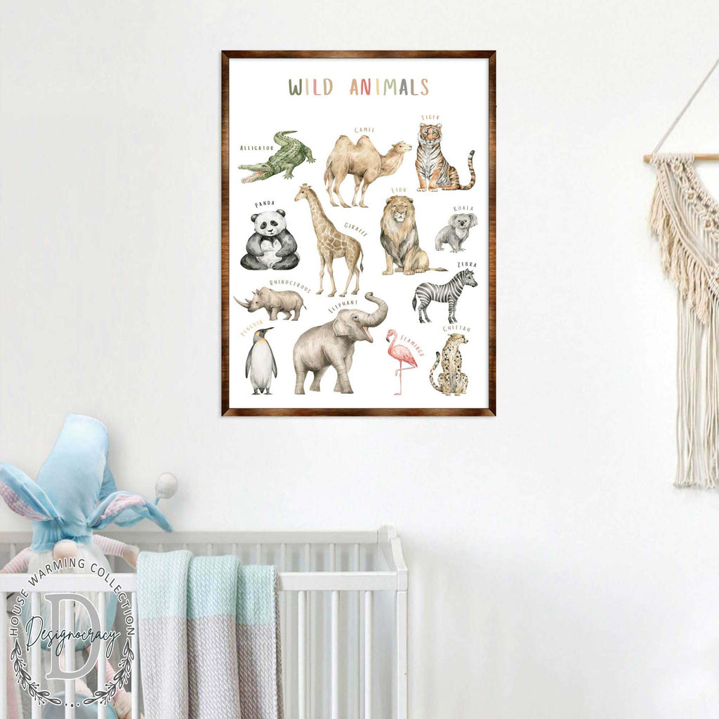 Wild Animals Kids Room Decor - Montessori Wooden Poster - Homeschool I Educational Poster - Classroom Decor - Playroom Art - 310219