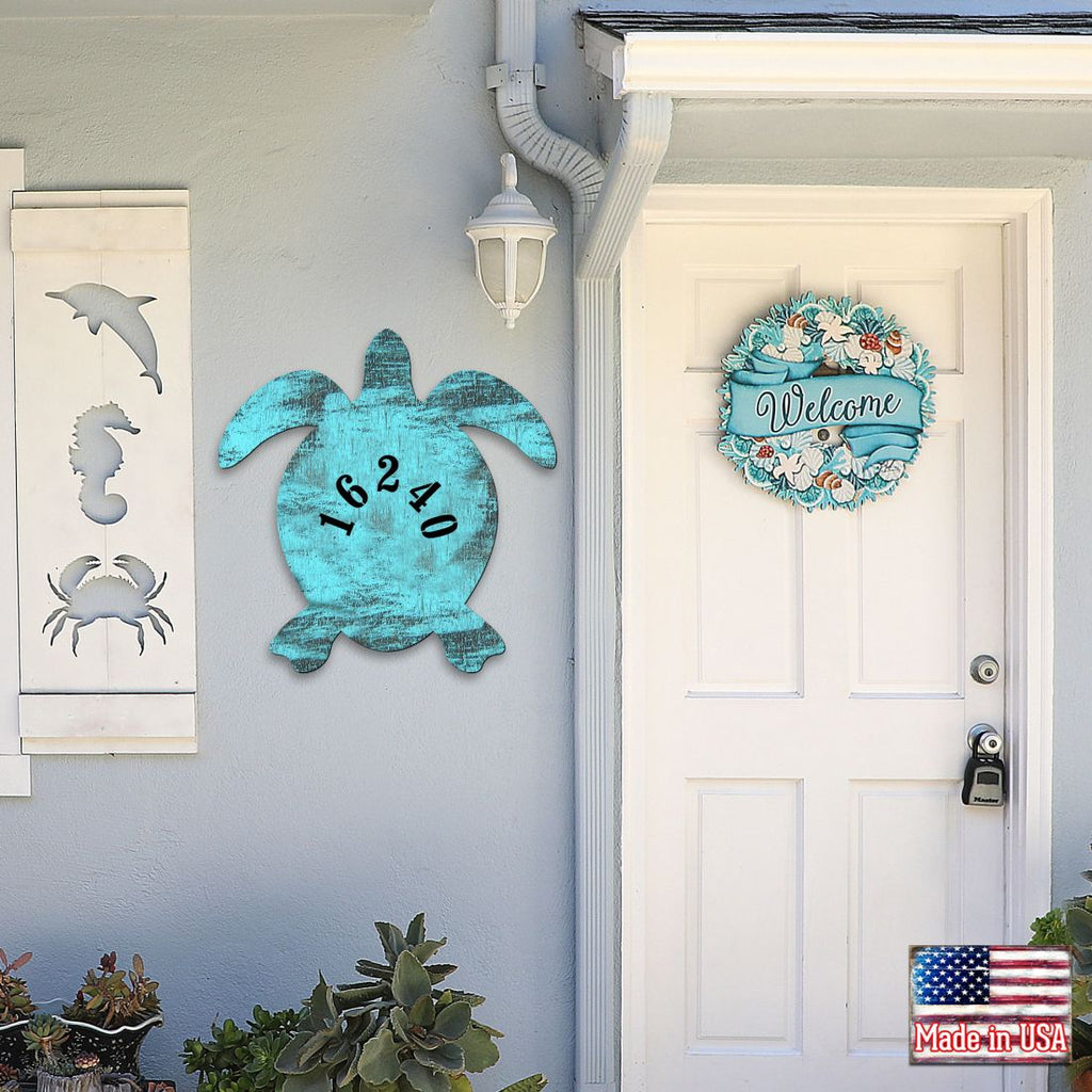 Turtle Coastal Wooden Personalized House Number Sign by G. Debrekht - Coastal Sea-Life Decor - Handcrafted Wooden Handcrafted Wooden Handcrafted Wooden Address Sign - MA985182