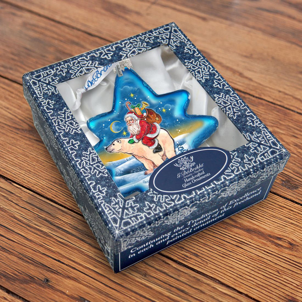 Ride to North Pole Santa Glass Ornament by G. DeBrekht - Christmas Santa Snowman Decor - 755-011