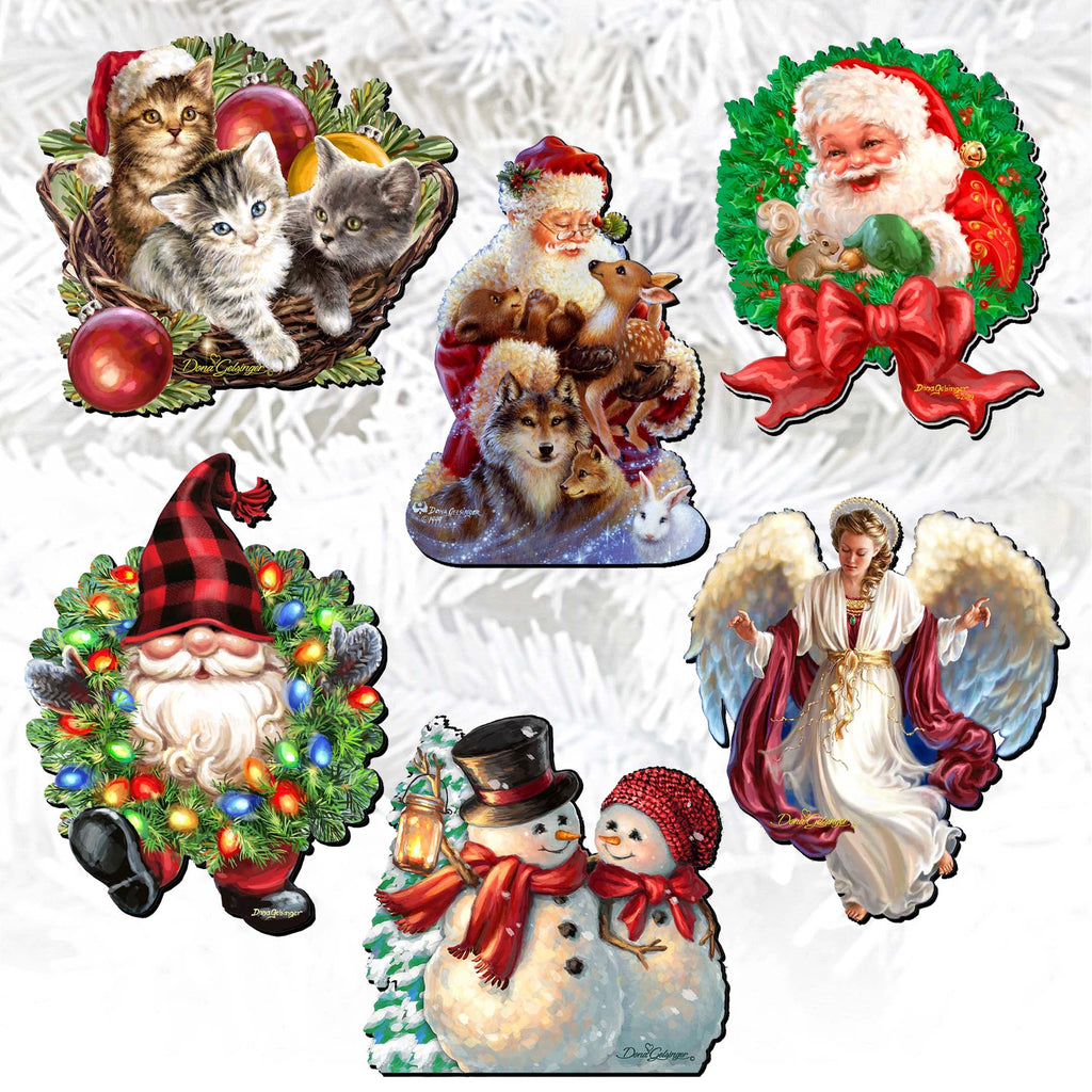 Santa and Friends Clip-On Eco Wood Decorative Ornaments Set of 6 by D. Gelsinger - Christmas Decor - 8090134C-S6