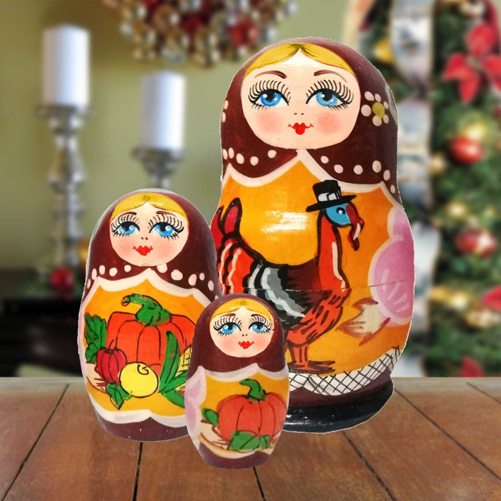 Thanksgiving Matreshka Nesting Hand-Painted Doll Set of 3 by G. DeBrekht - Thanksgiving Halloween Decor - 14718