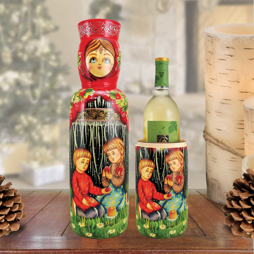 Children Hand-Painted Wooden Bottle Holder, Wine Box, Tall Gift Box by G. DeBrekht - Christmas Decor - 190502