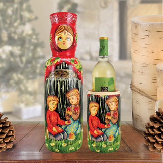 Children Hand-Painted Wooden Bottle Holder, Wine Box, Tall Gift Box by G. DeBrekht - Christmas Decor - 190502