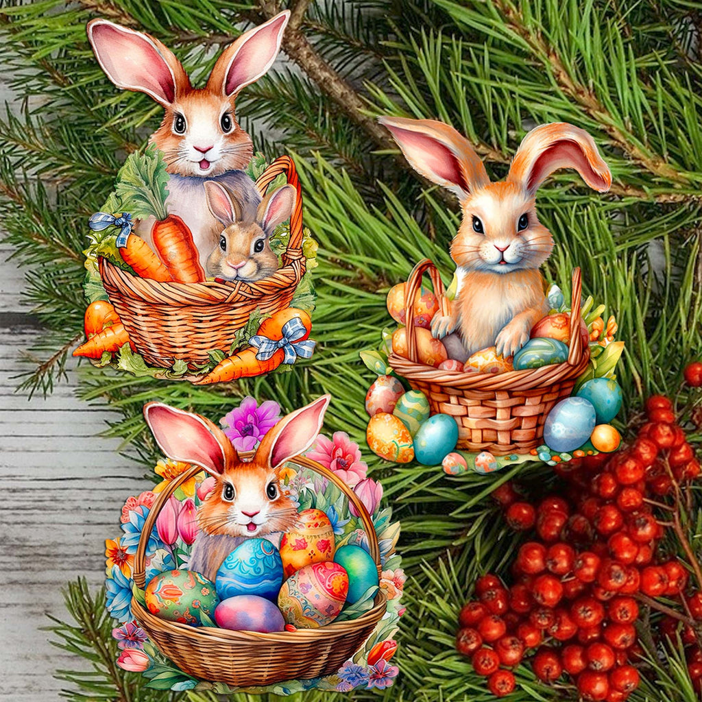 Eggs and Bunnies Clip-On Eco Wood Decorative Ornaments Set of 3 by G. Debrekht - Easter Decor - 8091057C-S3