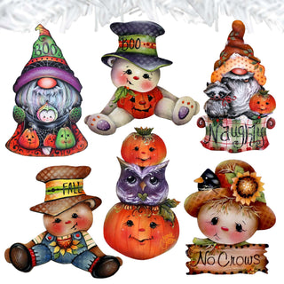 Hello Fall - Pumkin, Scarecrow, Gnome Clip-On Eco Wood Decorative Ornaments Set of 6 by Jamie Mills-Price - Thanksgiving Decor - 8090047C-MP-S6