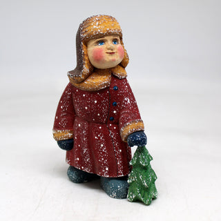 One-of-a-Kind Boy with Christmas Tree WOODCARVED Figurine 5x3x2 inches by G. Debrekht - Unique Handcrafted and Hand-Painted Collectible