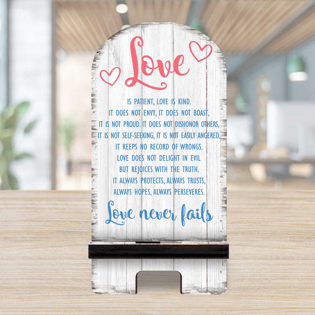 Love Never Fails Cell Phone Stand Family Decor Wood Mobile Tablet Holder Charging Station Organizer - 892061