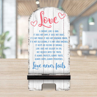 Love Never Fails Cell Phone Stand Family Decor Wood Mobile Tablet Holder Charging Station Organizer - 892061
