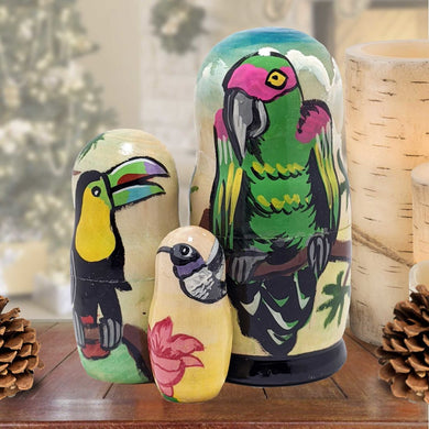 Parrot Matreshka Nesting Hand-Painted Doll Set of 3 by G. DeBrekht - Wildlife Holiday Decor - 14765