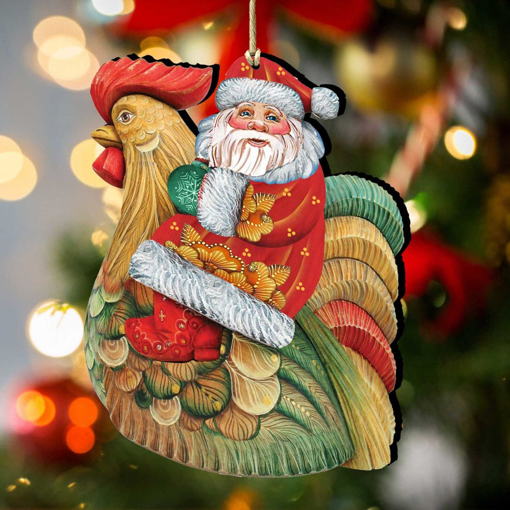Santa Rooster Wooden Ornaments by G. DeBrekht - Christmas Santa Snowman Decor - 8111340