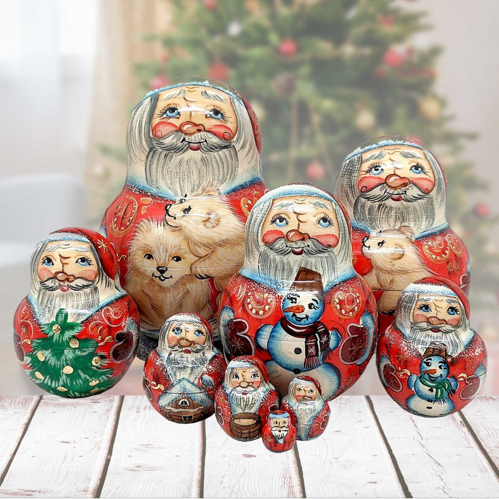 Polar Bears Santa Matreshka Nesting Hand-Painted Doll Set of 10 by G. DeBrekht - Christmas Santa Snowman Decor - 120023