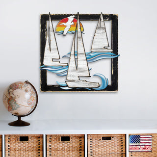 Sailing Boats Sunrise Wooden Wall Decor by G. DeBrekht - Coastal Sea-Life Decor - G985242S3