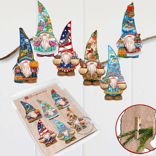 Holiday Gnomes Clip-On Eco Wood Decorative Ornaments Set of 6 by G. Debrekht - Christmas Decor - 8090138C-S6