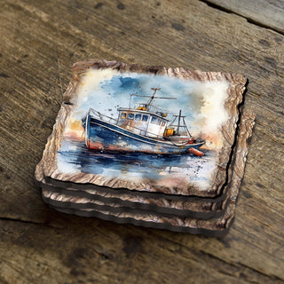 Fishing Boats Wooden Cork Coasters Gift Set of 4 by Nature Wonders Coastal Nature Wildlife Decor - 95402C-S4