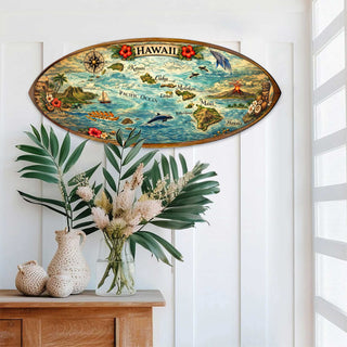 a decorative wooden surfboard with a colorful map of Hawaii, hanging on a wall above a wooden table with a vase of flowers and a potted plant.