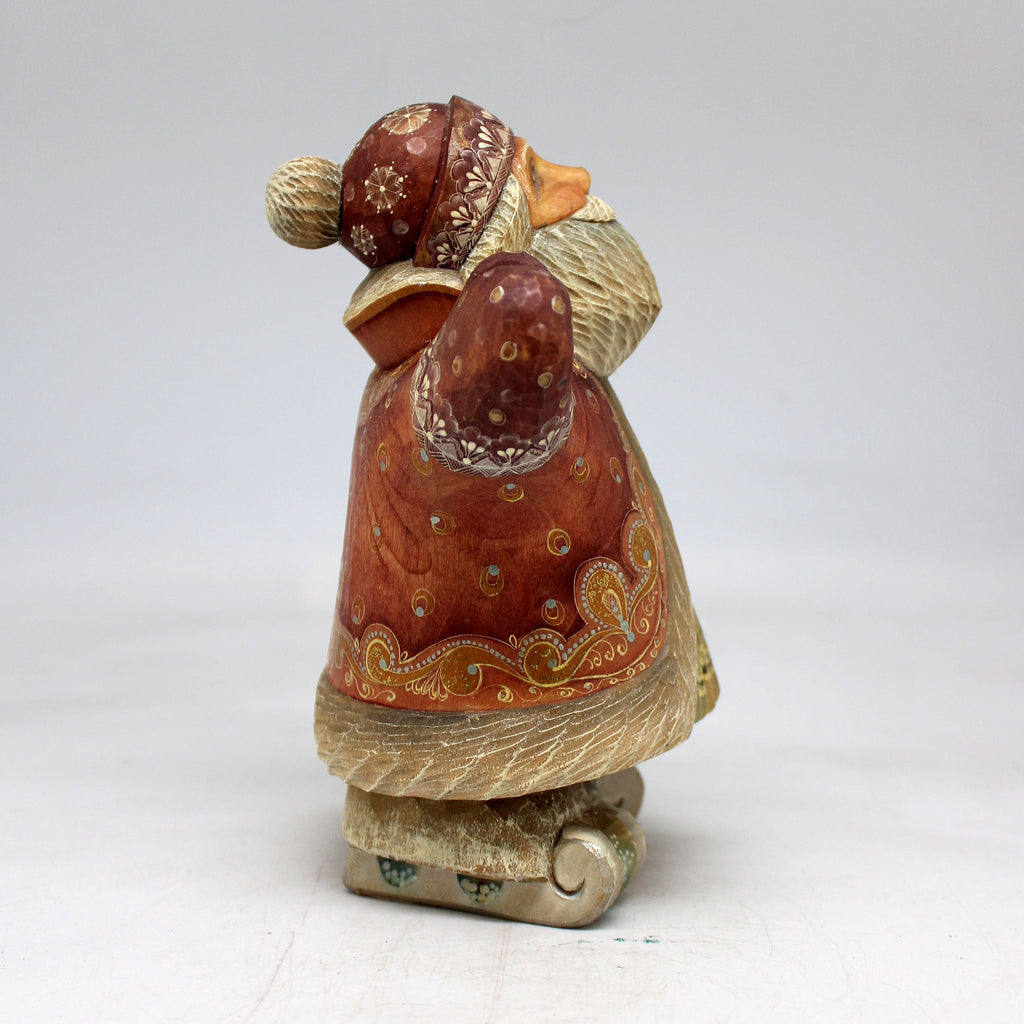 One-of-a-Kind Santa on Skis WOODCARVED Figurine 6.5x3.5x5 by GDeBrekht - Unique Handcrafted and Hand-Painted Collectible