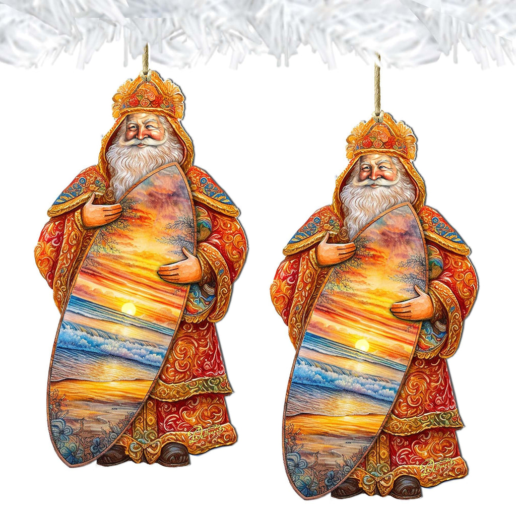 Santa's Tropical Surf Ride Wooden Ornaments by G. Debrekht - Christmas Santa Snowman Decor - 8691413