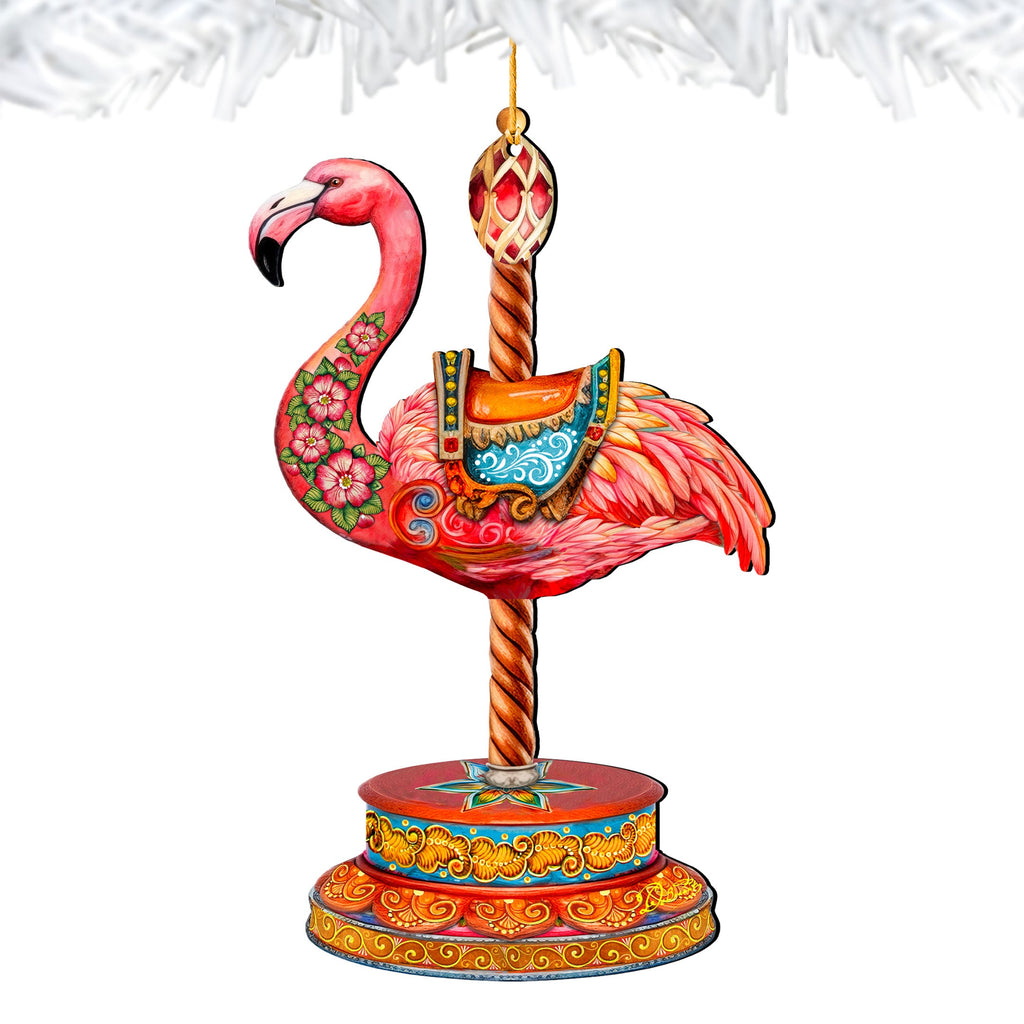 Pink Flamingo Carousel Christmas Wooden Ornaments by G. DeBrekht - Carousel Holiday Decor - 8652752
