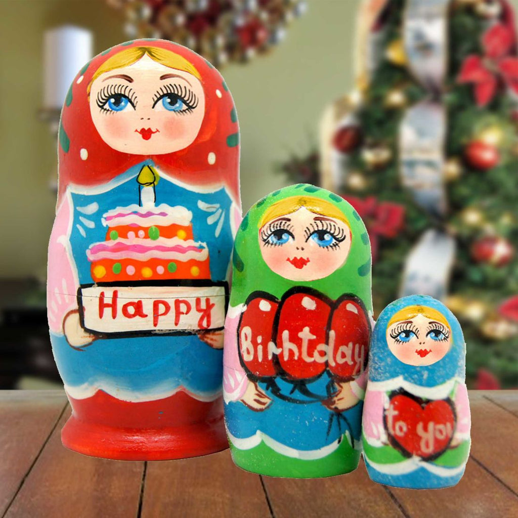 Happy Birthday Matreshka Nesting Hand-Painted Doll Set of 3 by G. DeBrekht - Love Family Kids Decor - 14712