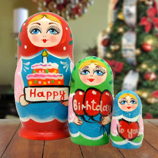 Happy Birthday Matreshka Nesting Hand-Painted Doll Set of 3 by G. DeBrekht - Love Family Kids Decor - 14712