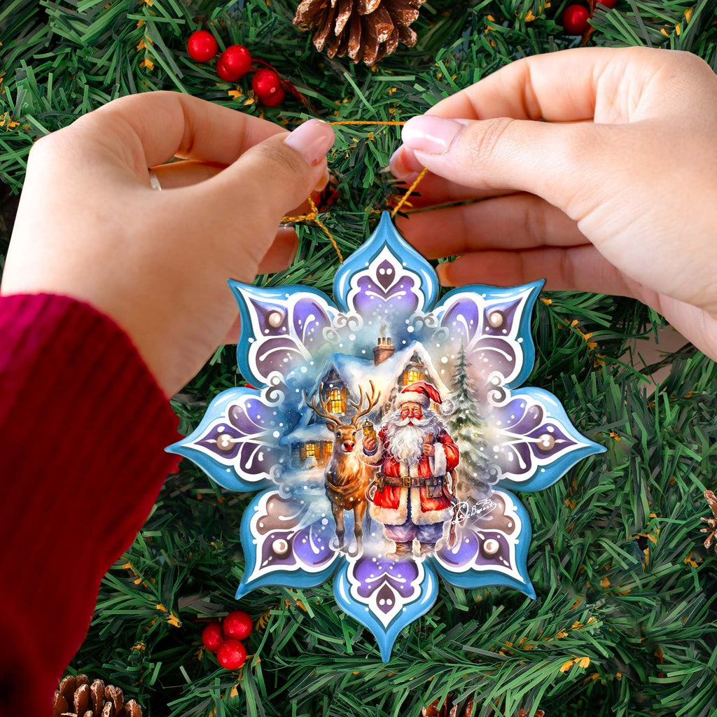 Santa with Reindeer Snowflake Wooden Ornaments by G. Debrekht - Christmas Santa Snowman Decor - 8688405