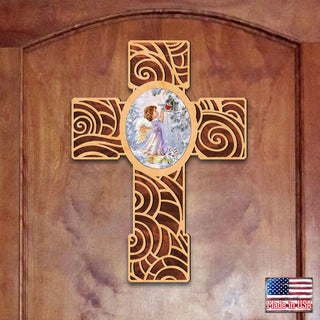 Red Robin Girl Angel Modern Wooden Cross by D. Gelsinger - Inspirational Icon Decor - 88285-DG