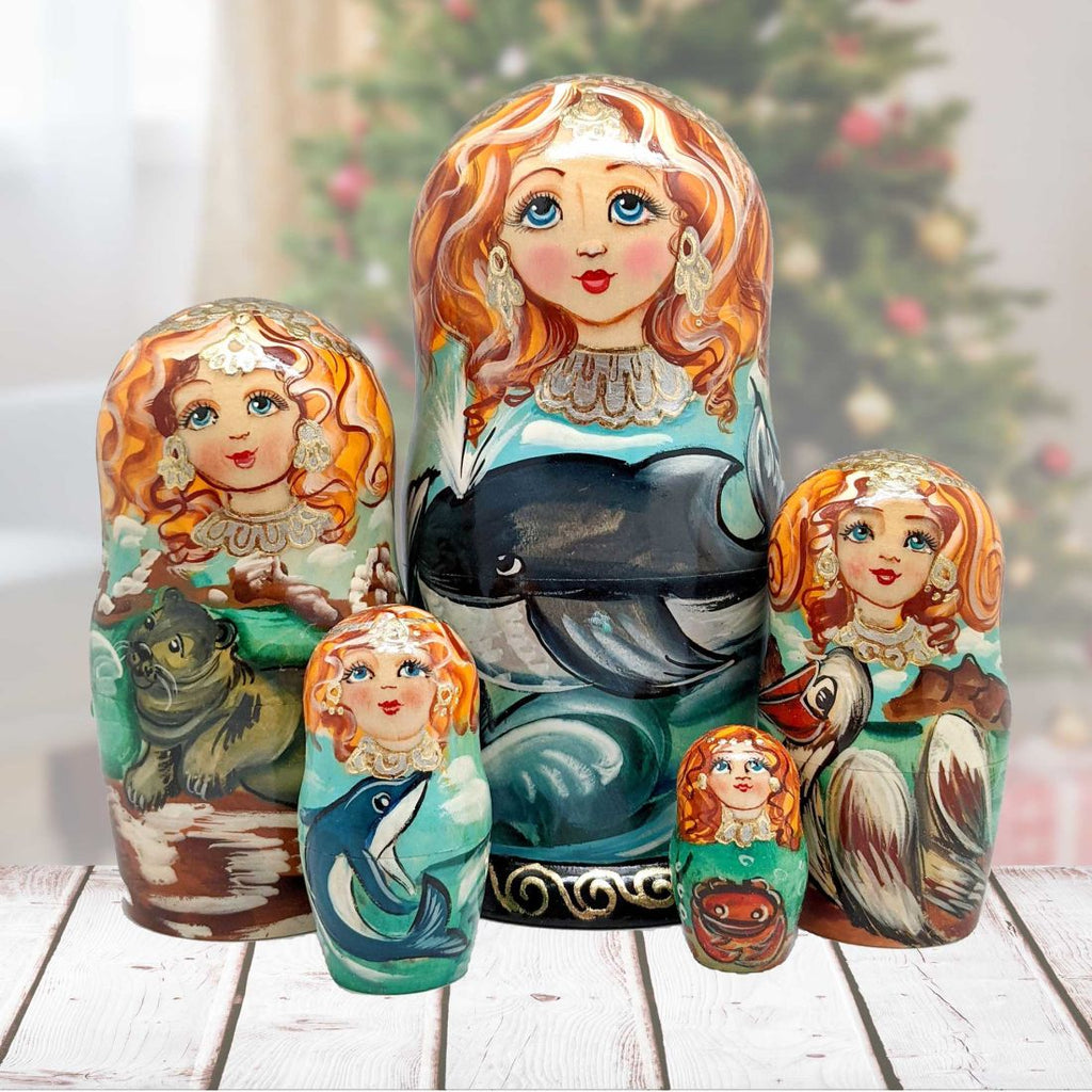 Whales Family Matreshka Nesting Hand-Painted Doll Set of 5 by G. DeBrekht - Coastal Holiday Decor - 140812