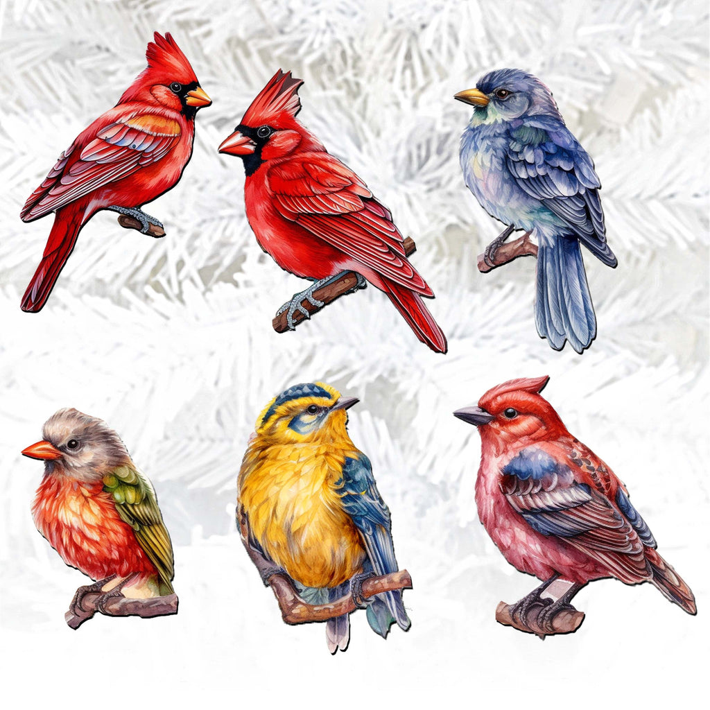 Winter Birds Clip-On Eco Wood Decorative Ornaments Set of 6 by G. Debrekht - Christmas Decor - 8090005C-S6