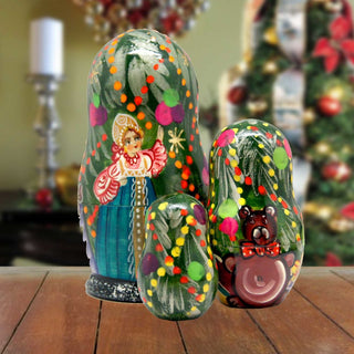 Christmas Tree and Snowmaiden Matreshka Nesting Hand-Painted Dolls Set of 3 by G. DeBrekht - Christmas Decor - 110151L