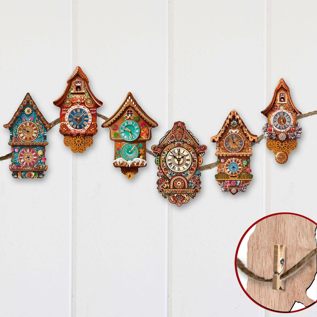 Miniature clock Clip-On Eco Wood Decorative Ornaments Set of 6 by G. Debrekht - Christmas Decor - 8090020C-S6