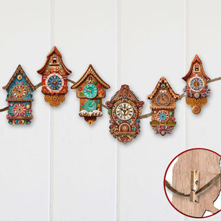 Miniature clock Clip-On Eco Wood Decorative Ornaments Set of 6 by G. Debrekht - Christmas Decor - 8090020C-S6