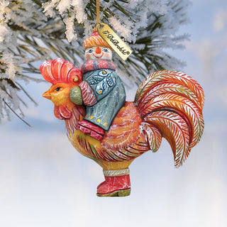 Snowman Riding Rooster Sculpted Hand-Painted Christmas Ornament by G. DeBrekht - Christmas Santa Snowman Decor - 63134