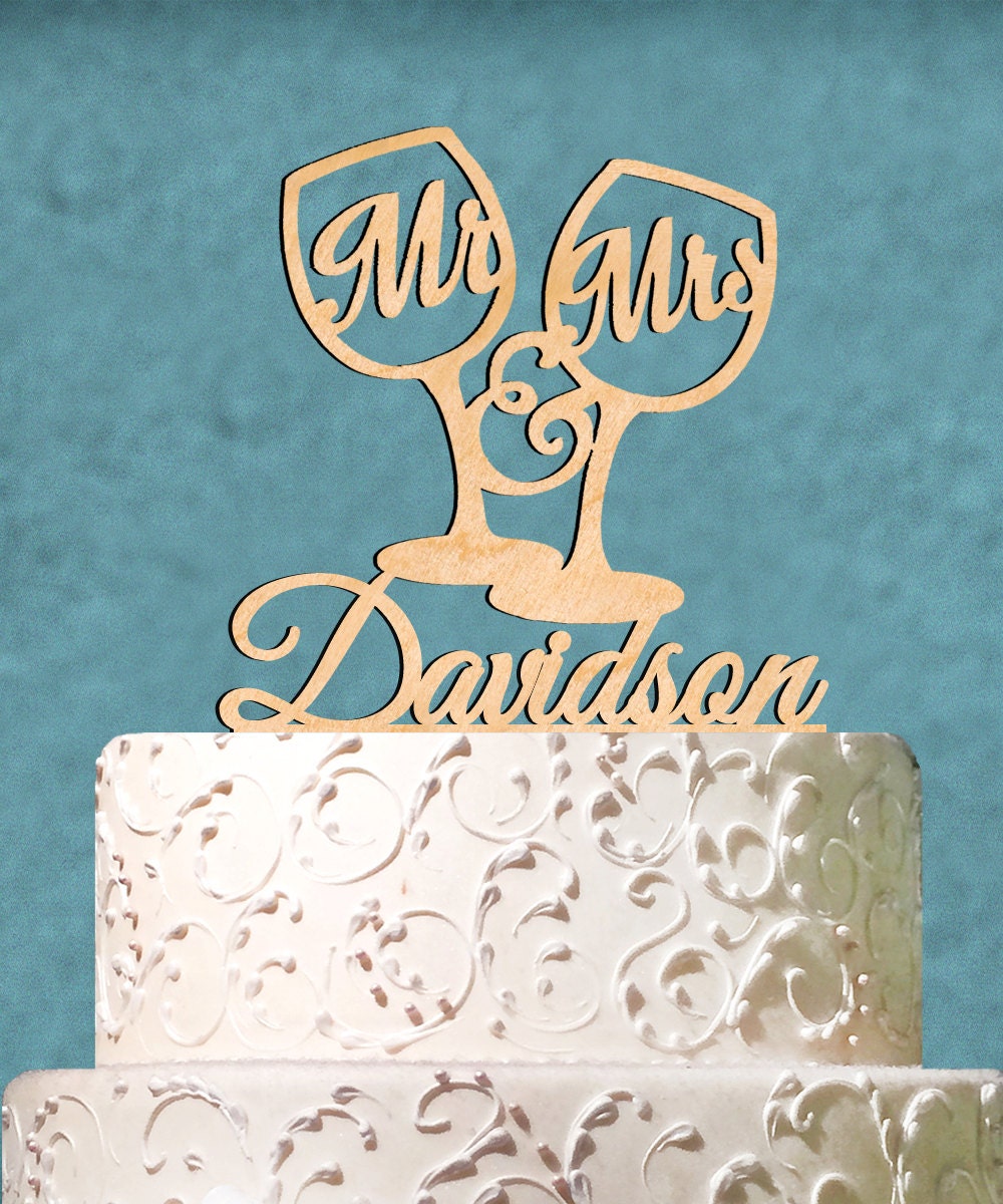 Wedding Cake Topper - Natural wood Custom Mr. & Mrs. Champagne Glasses with Last Name Cake Topper. Wedding, Initial, Celebration