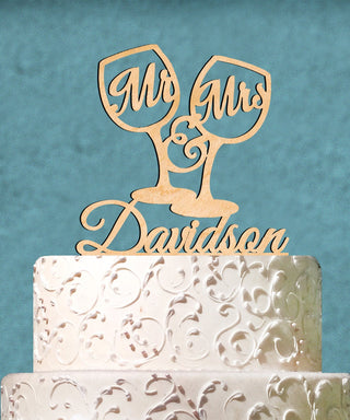 Wedding Cake Topper - Natural wood Custom Mr. & Mrs. Champagne Glasses with Last Name Cake Topper. Wedding, Initial, Celebration