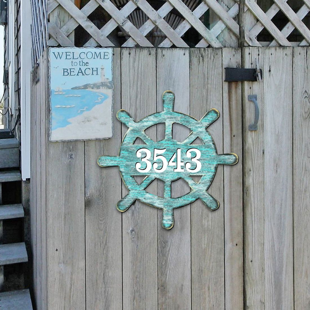 Captain Wheel Coastal Personalized House Number Sign by G. Debrekht - Coastal Sea-Life Decor - Handcrafted Wooden Address Sign - MA98536