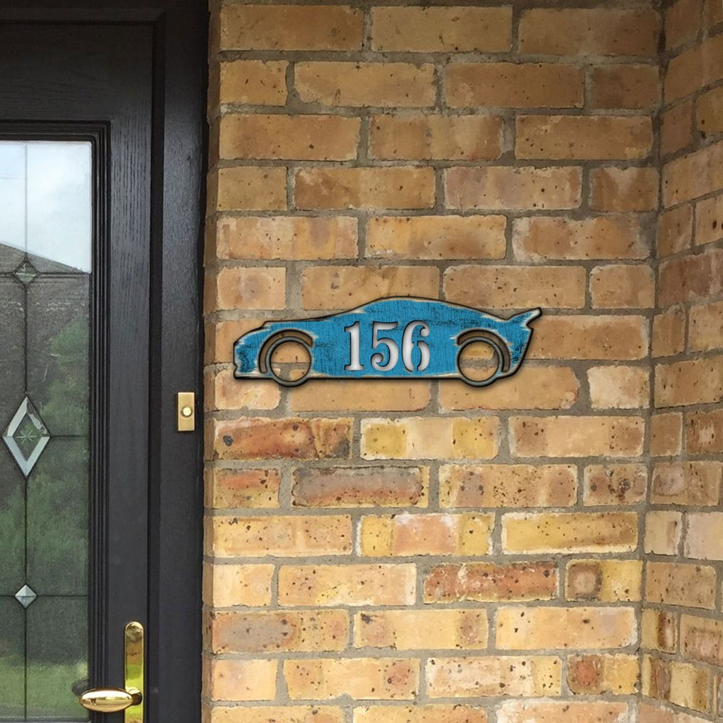 Sports Car Wooden Custom House Number Sign by G. DeBrekht - Love Family Kids Decor - Handcrafted Wooden Handcrafted Wooden Handcrafted Wooden Address Sign - MA98451