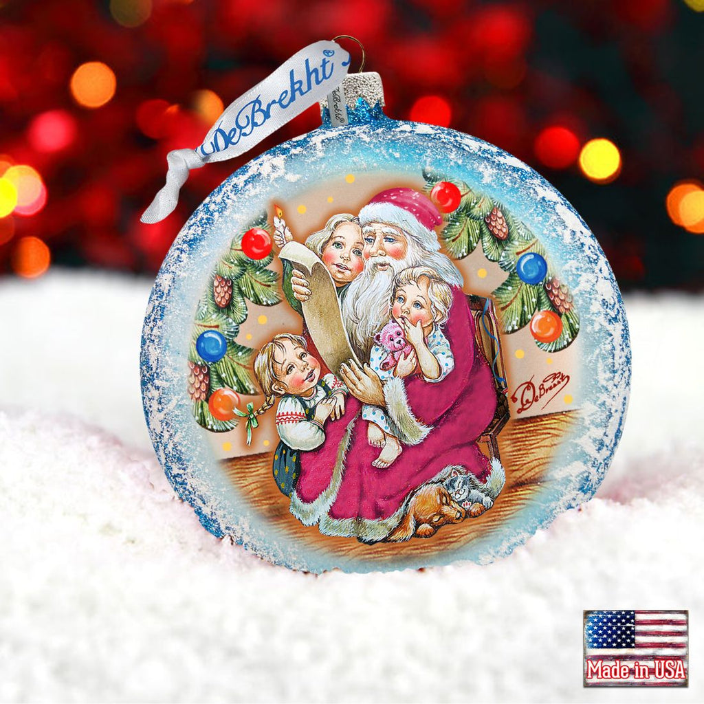 Santa List Circle Glass Ornament by G. DeBrekht - Christmas Santa Snowman Decor - 744-011