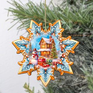 Snowman's Gifts Snowflake Large Wooden Ornament by G. Debrekht - Christmas Santa Snowman Decor - 8688404M