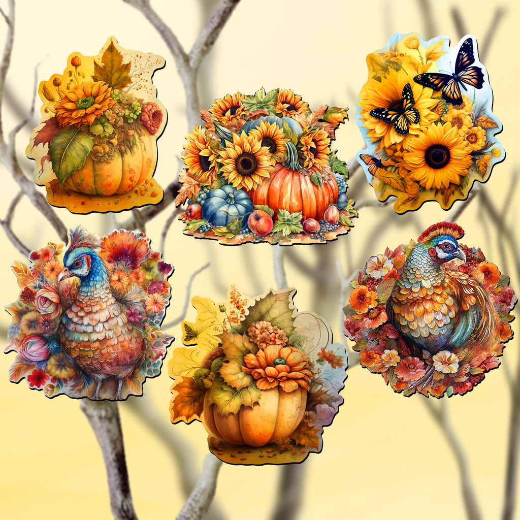 Happy Thanksgiving Clip-On Eco Wood Decorative Ornaments Set of 6 by G. Debrekht - Thanksgiving Decor - 8090018C-S6