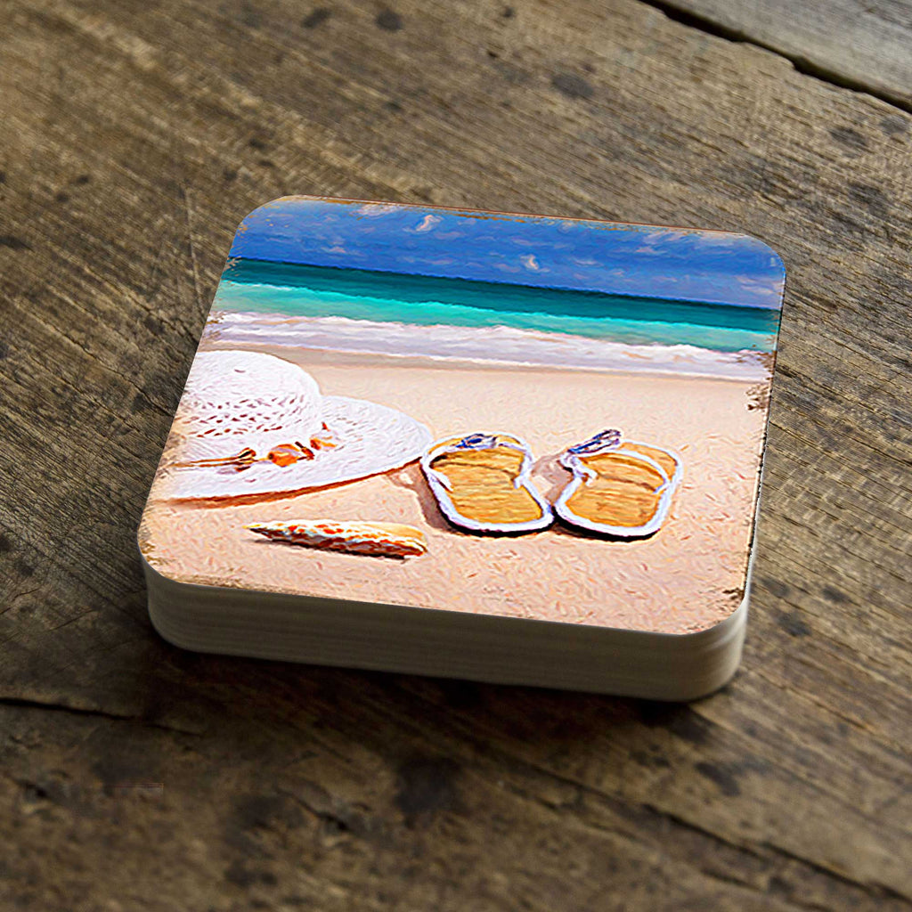 Beach Sandals and Hat Coastal Wooden Cork Coasters Gift Set of 4 by Nature Wonders - Coastal Sea-Life Decor - 95355C-S4