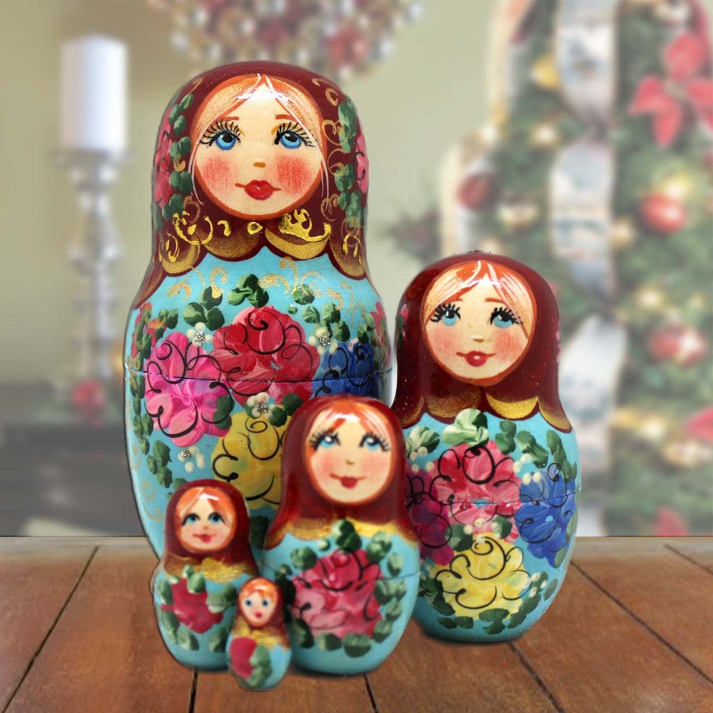 Red Scarf Floral Matreshka Nesting Hand-Painted Dolls Set of 5 by G. DeBrekht - Christmas Decor - 140140-6
