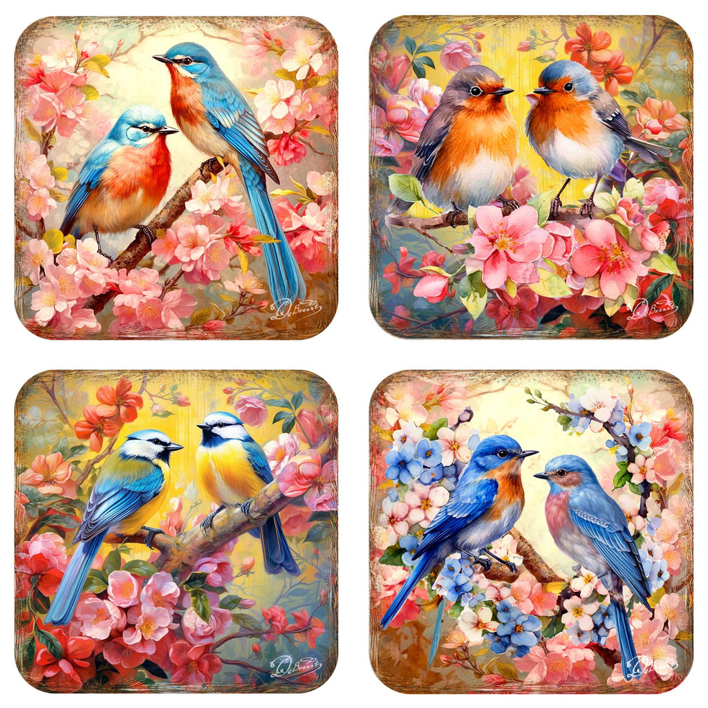 Spring Birds Wooden Cork Coasters Gift Set of 4 by G. Debrekht - Easter Spring Decor - 8199438C-S4